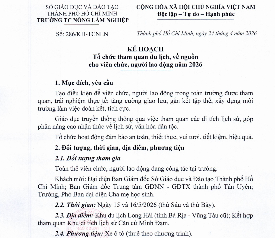 Kế hoạch tham quan, về nguồn năm 2026